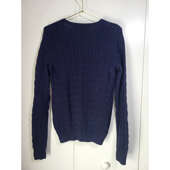 Ralph Lauren Sport Women's LG Navy Blue V Neck Cable Knit Sweater Tennis Preppy - Picture 3 of 6